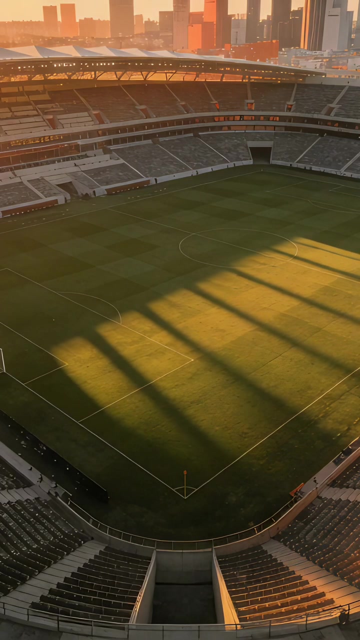 Video verticale: Sole calante che proietta lunghe strisce sul campo nello stadio, con i pali della porta e lo skyline.