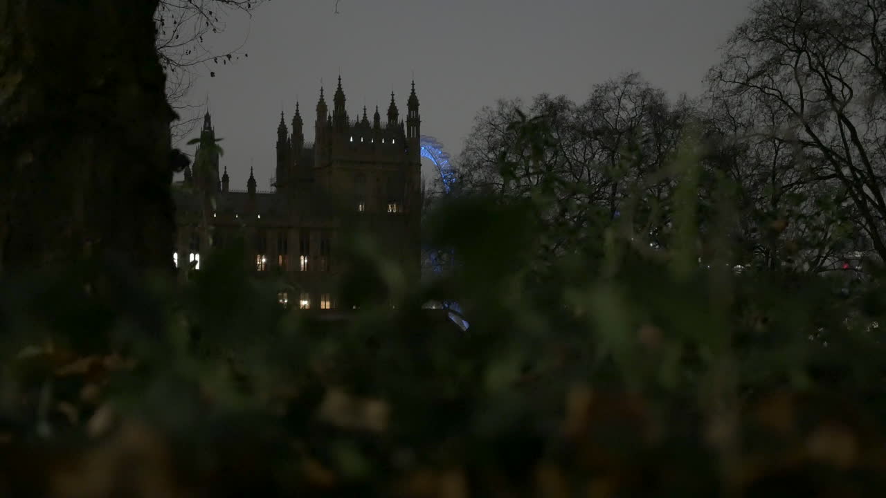 UK Parliament and London Eye illuminated at night still shot