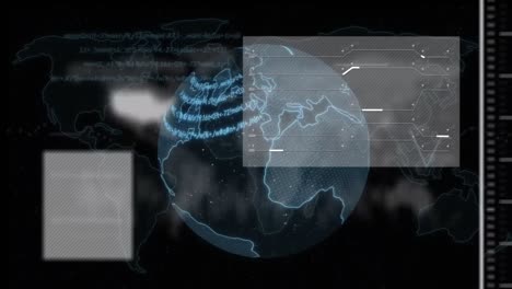 Animation-Von-Diagramm,-Leiterplattenmuster,-Karte-Und-Abstrakter-Sprache-Auf-Dem-Globus-Auf-Schwarzem-Hintergrund