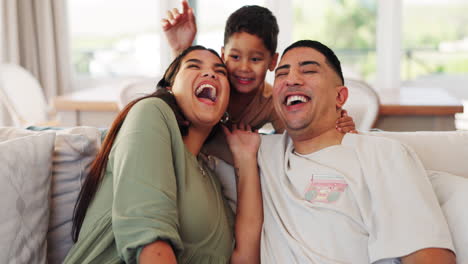 Happy-family,-sofa-and-boy-child-surprise-hug