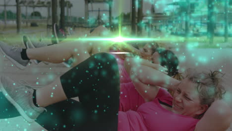 animación de puntos de luz sobre diversas mujeres en un ejercicio de carrera de obstáculos