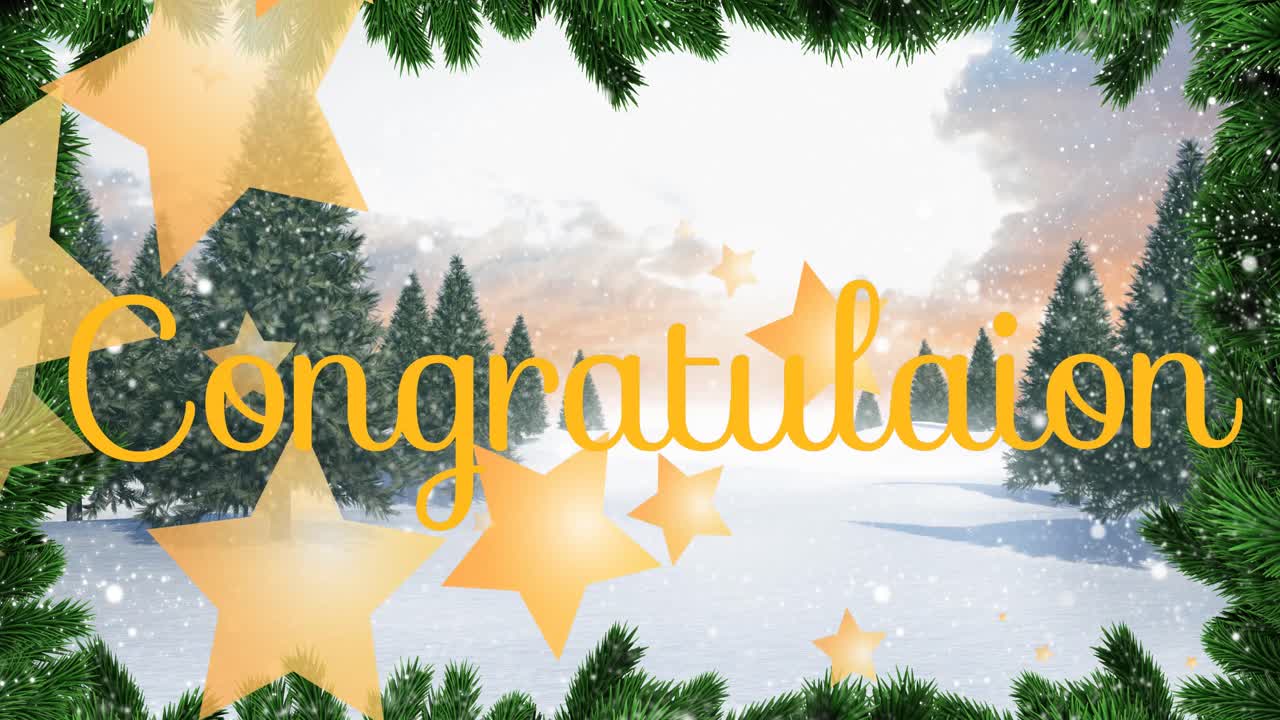 황금색 별과 축하 텍스트 배너의 애니메이션을 겨울 풍경에 맞춰.