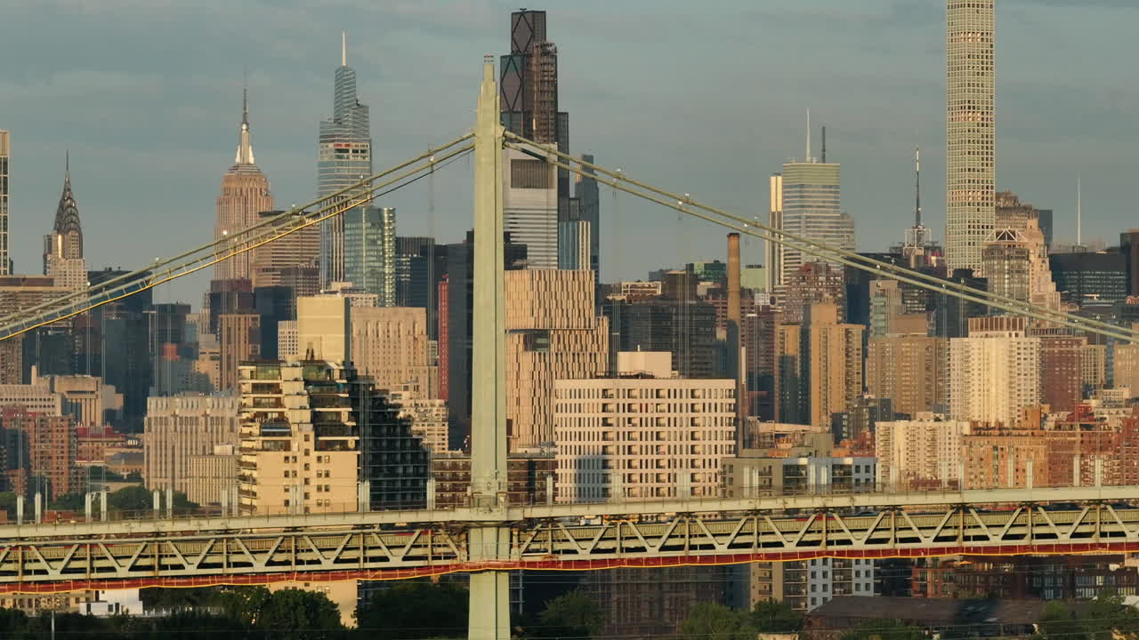 Aerial view of the Robert F. Kennedy Bridge at sunrise. Shot on a summer morning in New York City