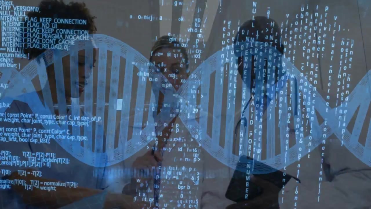 Healthcare professionals standing in lab, displaying biotech DNA helix overlay with streaming code
