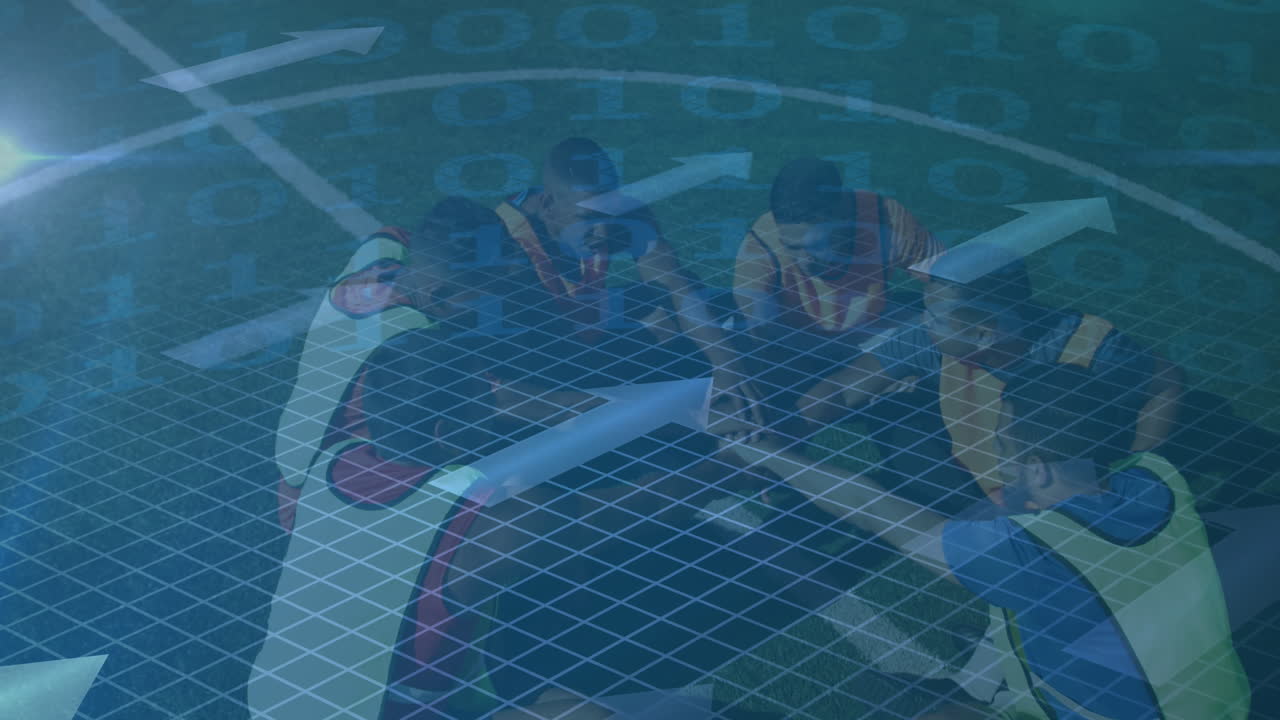 바이너리 코딩 데이터 처리 및 남자 축구 선수 팀에 대한 화살표 손 스택을 형성