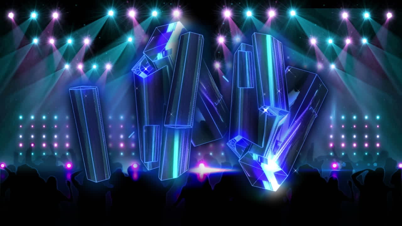 사람들이 춤추고 무대 위에 크리스탈의 애니메이션