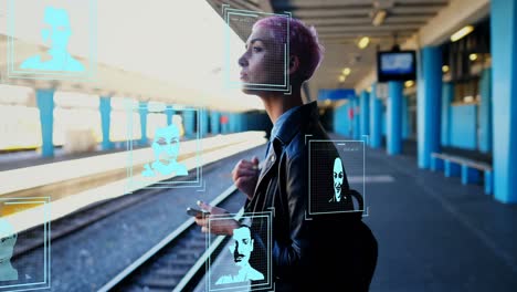 Animation-Digitaler-Profilporträts-über-Einer-Kaukasischen-Frau-Mit-Rosa-Haaren,-Die-Am-Bahnhof-Wartet