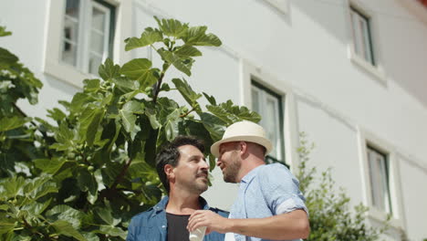 gays sonrientes besándose durante un paseo por el parque