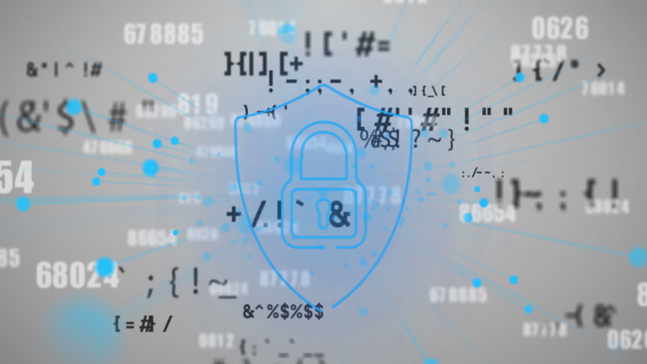 animación de un candado en el escudo, símbolos con números cambiantes sobre un fondo abstracto