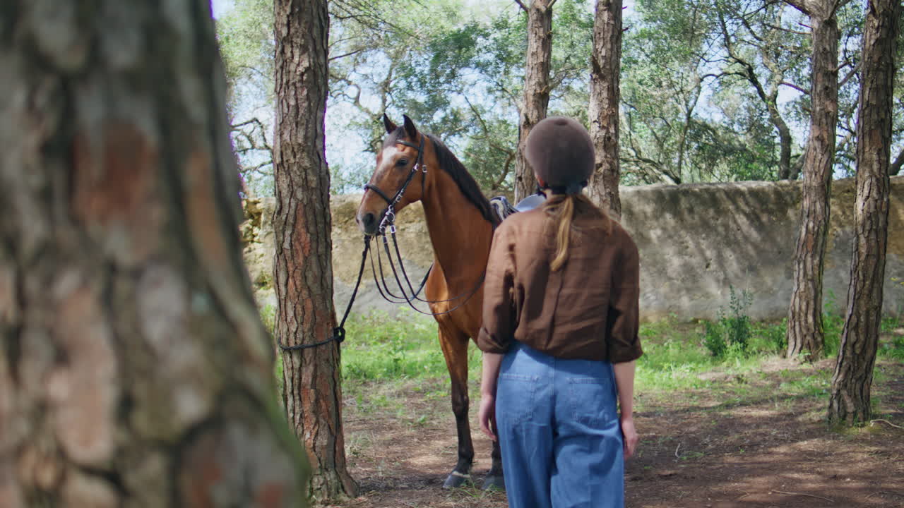 Equestrian woman going horse at woodland closeup. Jockey girl strolling calmly