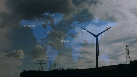 animation of american flag and globe over wind turbine and sky with clouds