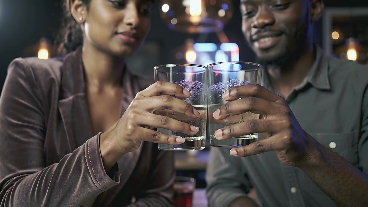 Erguendo as taças, casal de blazer de veludo e camisa cinza brindando, socializando e bebendo em um bar