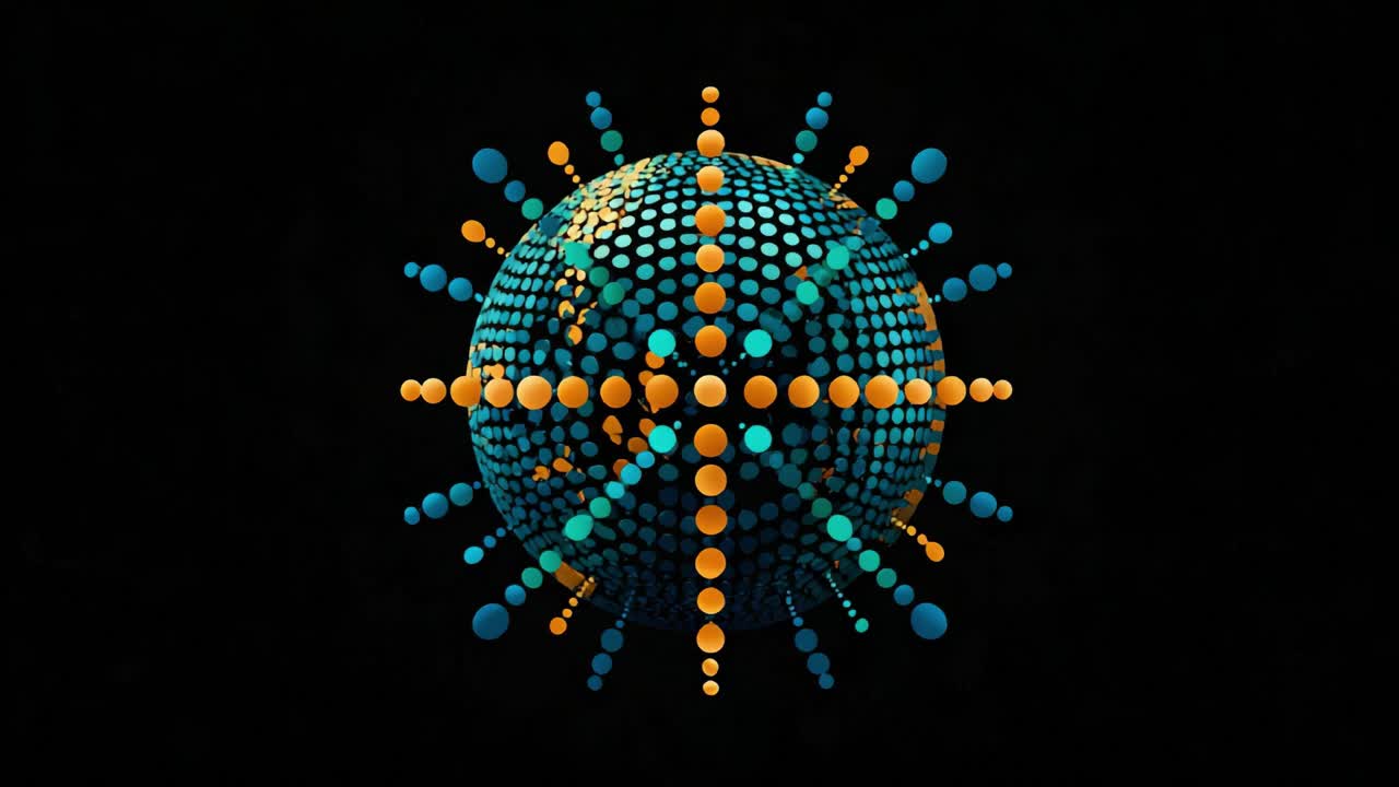 Futuristic digital sphere composed of glowing dots rotating and pulsing in a seamless loop, representing concepts of big data, global networking, technology, science, and communication