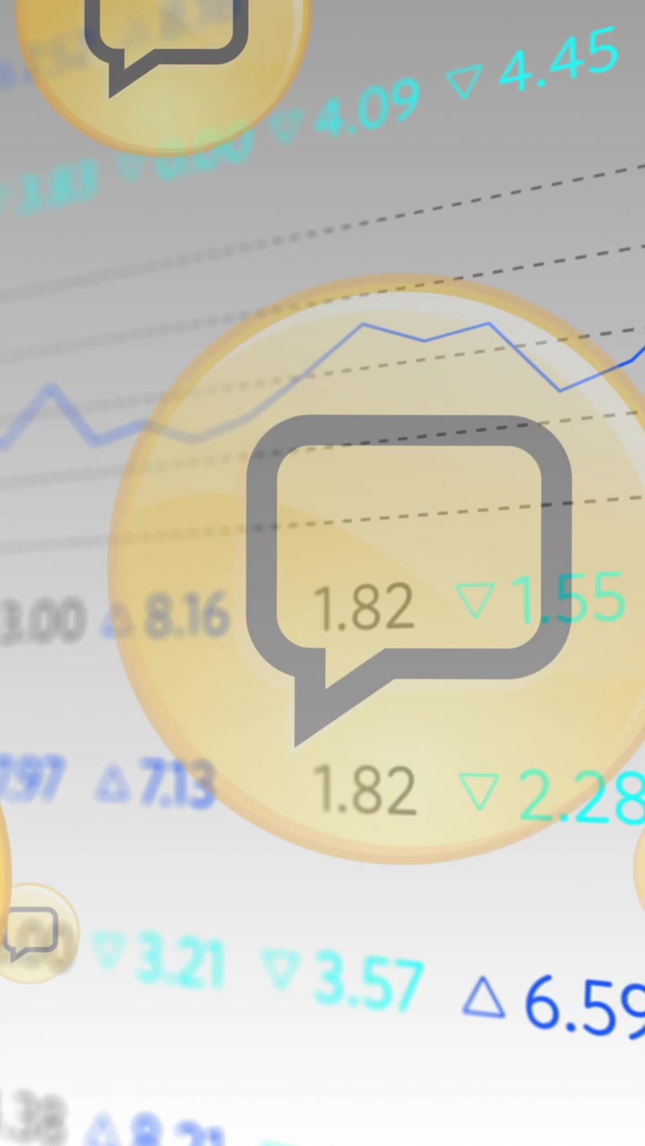 Animazione di icone di messaggi in cerchi e di una bacheca di trading su sfondo bianco.