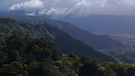 Aerial-telephoto-pan-across-lehua-trees-on-ridge-slope-valleys-of-North-shore-Maui