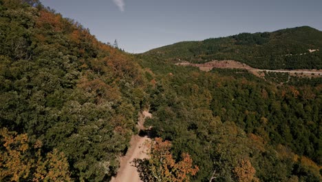 Empuje-Con-Drones-Sobre-Una-Pista-En-La-Montaña,-Bosque-Caducifolio-En-Otoño