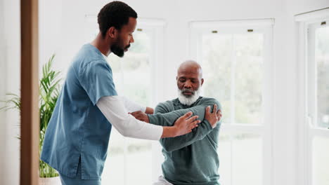 Senior-man,-physiotherapy-and-stretching-arm