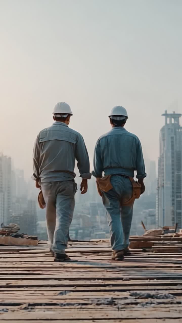 Construction Workers Walking Together on a Building Site, Overlooking a City Skyline in the Early Morning Light with a Strong Sense of Teamwork and Determination