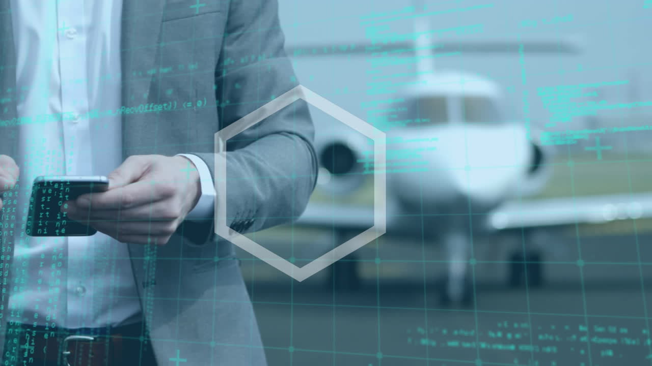 공항 활주로에서 스마트폰을 사용하는 사업가의 중간 섹션에 대한 추상적인 모양과 데이터 처리