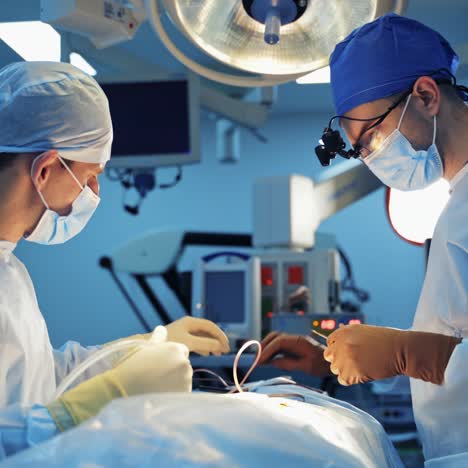 two neurosurgeons in operation room provide neurosurgery operation. modern innovative clinic background