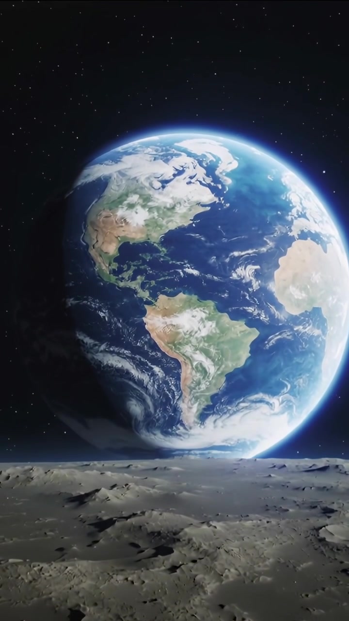 Video verticale: Spostamento orbitale, grande pianeta blu che ruota sopra un suolo craterizzato, mostrando il terreno.