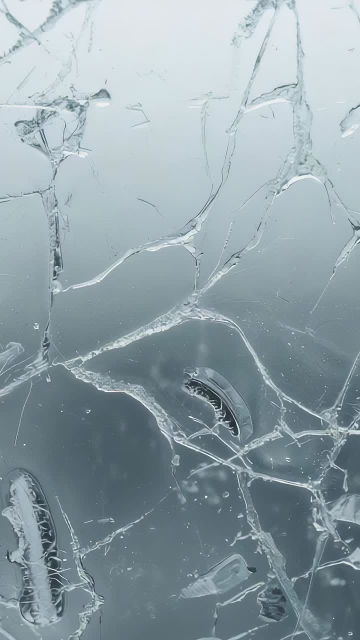 Video verticale: ripresa macro di un vetro incrinato che reagisce ai cambiamenti di luce, rivelando crepe e bolle