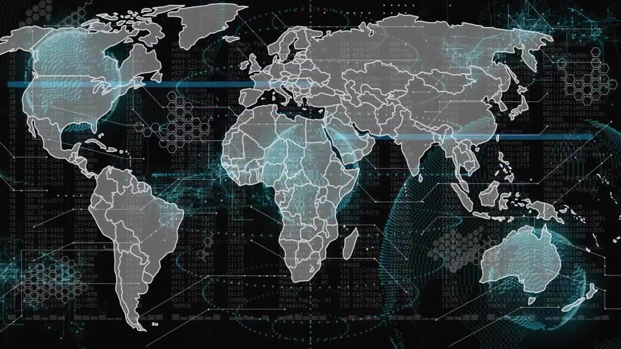 Abstract world map displaying data streams in flat-design UI with hex-grid error overlays
