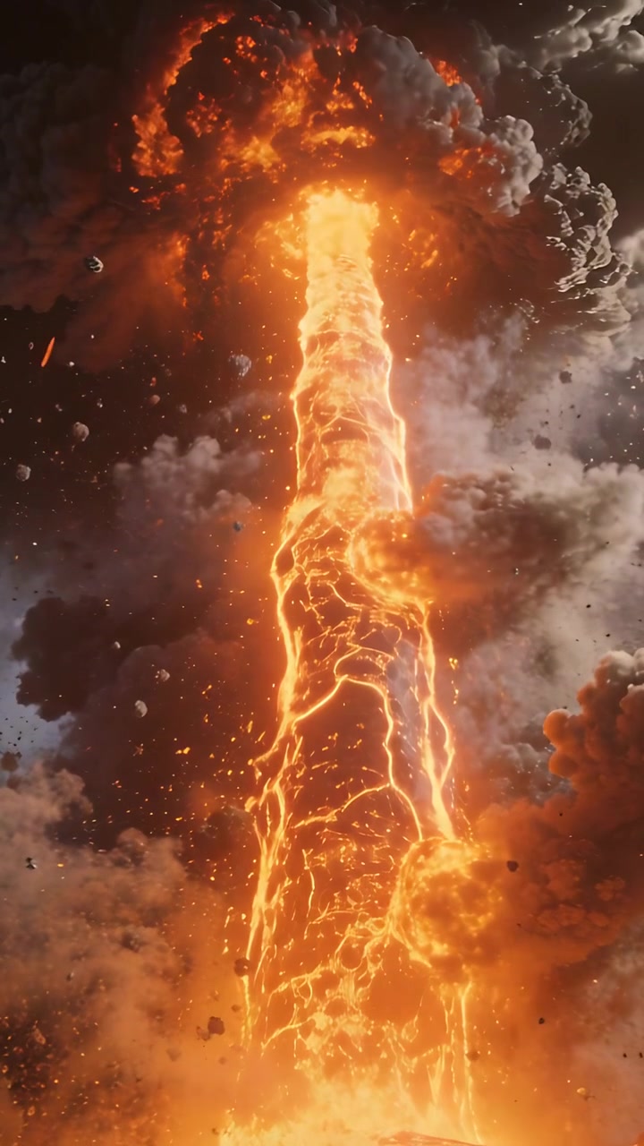 Video vertical: Magma ascendente forzando una columna de lava en el cráter, expulsando venas calientes y formando un penacho de ceniza.