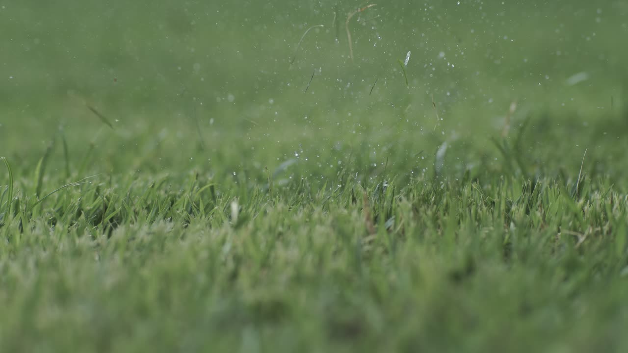 Golf club hits a white golf ball in a super slow motion. Drops of morning dew and grass particles rise into the air after the impact. Shot on super slow motion camera 1000 fps.