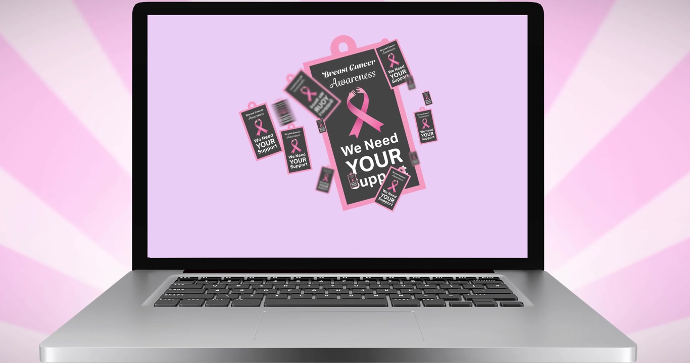 Animazione del logo del nastro rosa e del testo cancro sullo schermo di un laptop