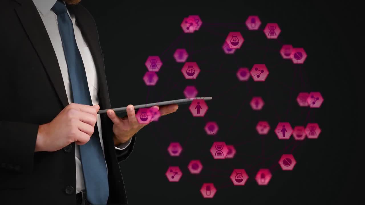 디지털 태블릿을 사용하는 사업가에 대한 디지털 아이콘의 세계