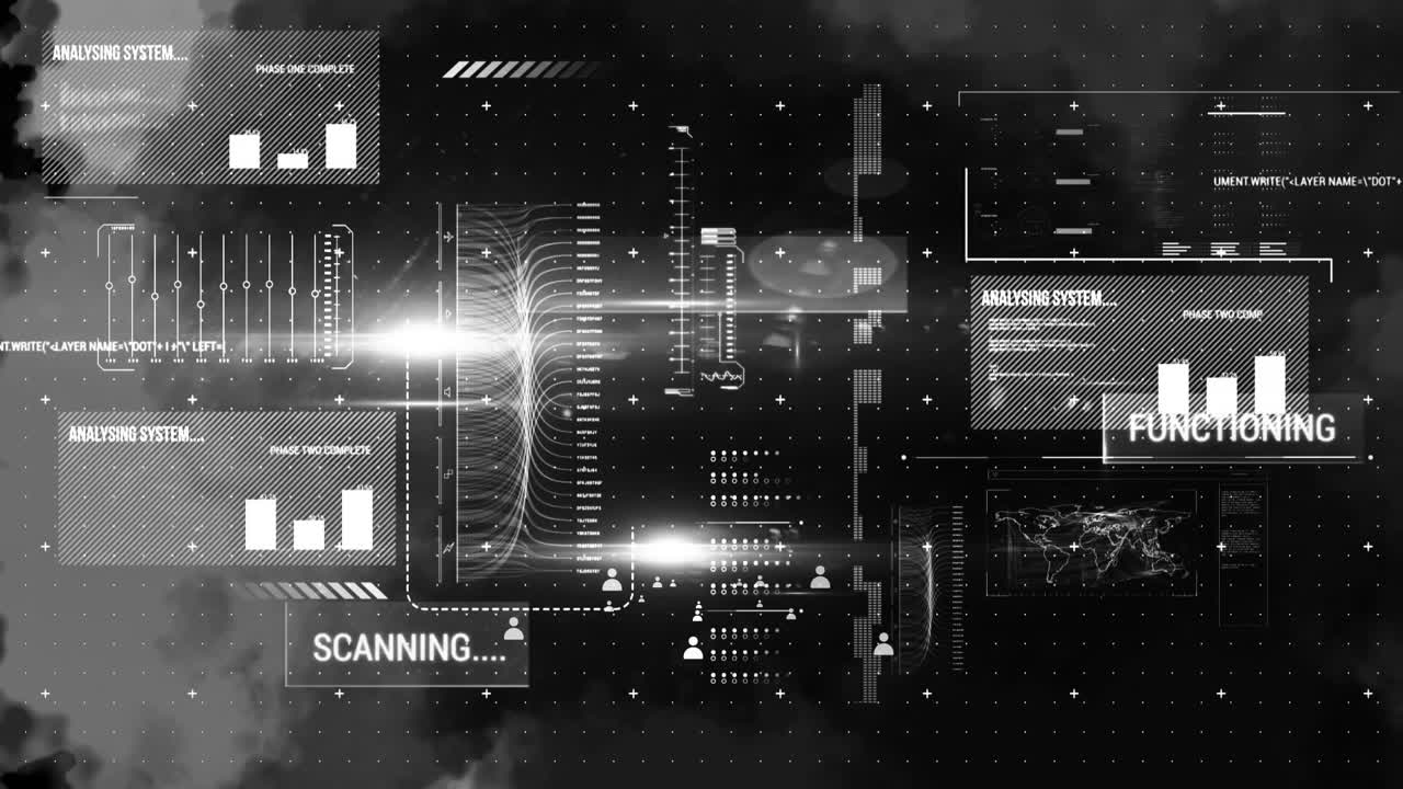 Animation of multiple people icons scope scanning data processing on black background