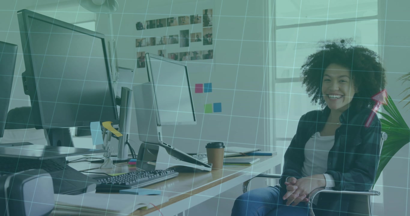 Animation of financial data processing over businesswoman working in office