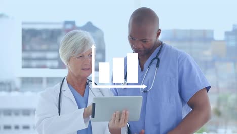 animation of statistics over diverse female and male doctors using tablet