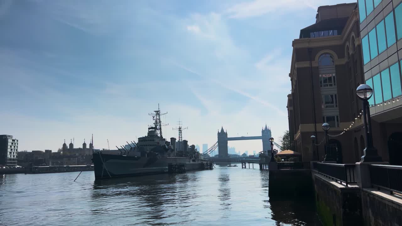 London Warship on River Thames with Tower Bridge View