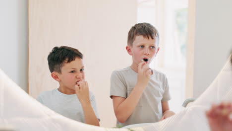 Morning,-bathroom-and-children-brushing-teeth