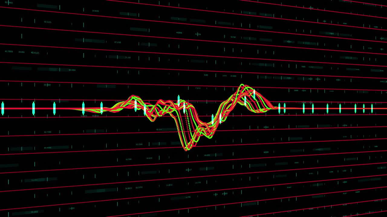 Multicolored graph and red lines against black background