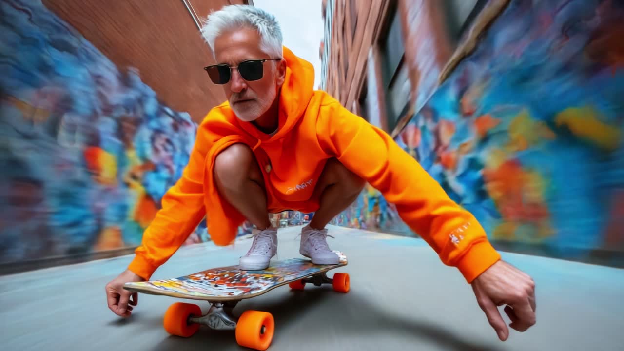 Dynamic Skateboarding in Urban Alley: A Skilled Rider Showcases Impressive Moves on a Longboard, Surrounded by Vibrant Graffiti Art and City Life, Exuding Style and Energy