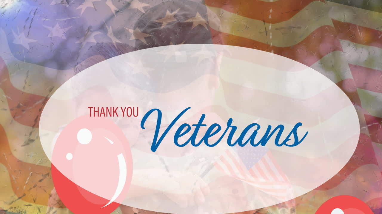 gracias veteranos texto pancarta y globos flotando sobre soldado caucásico abrazando a su hija