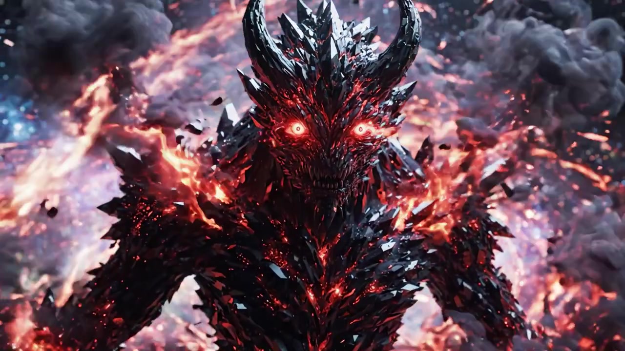 Un mostro fantasy ispirato a Minecraft emerge da una fusione caotica di schegge scure e braci incandescenti, catturando l'essenza di un'epica battaglia tra luce e ombra.