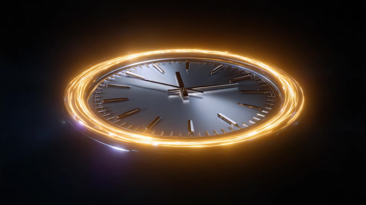 A Stunning Visualization of Time: A Floating Clock Surrounded by Illuminating Rings, Capturing the Essence and Beauty of Time in a Dark Background