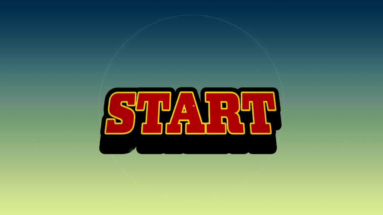Animation of red text start, over explosion and pulsating white rings, on yellow and blue background