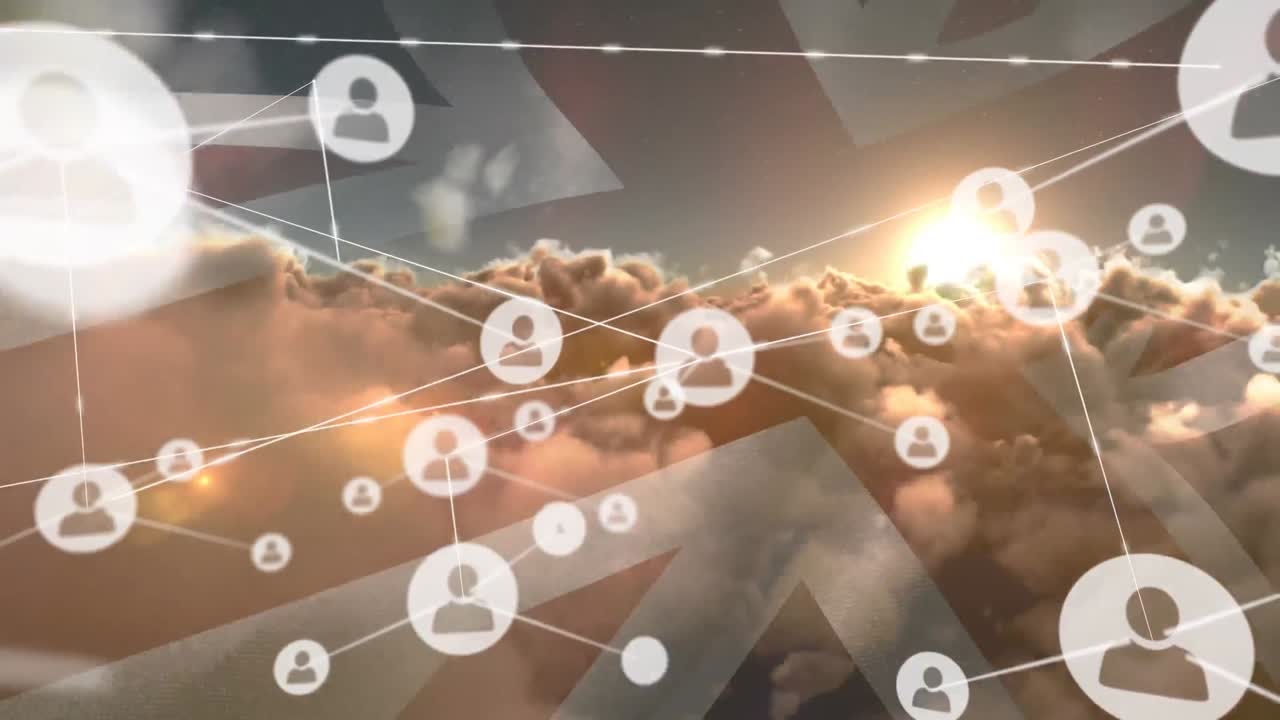 영국  ⁇ 발과 구름 위에서 사람들과 아이콘의 연결 네트워크의 애니메이션