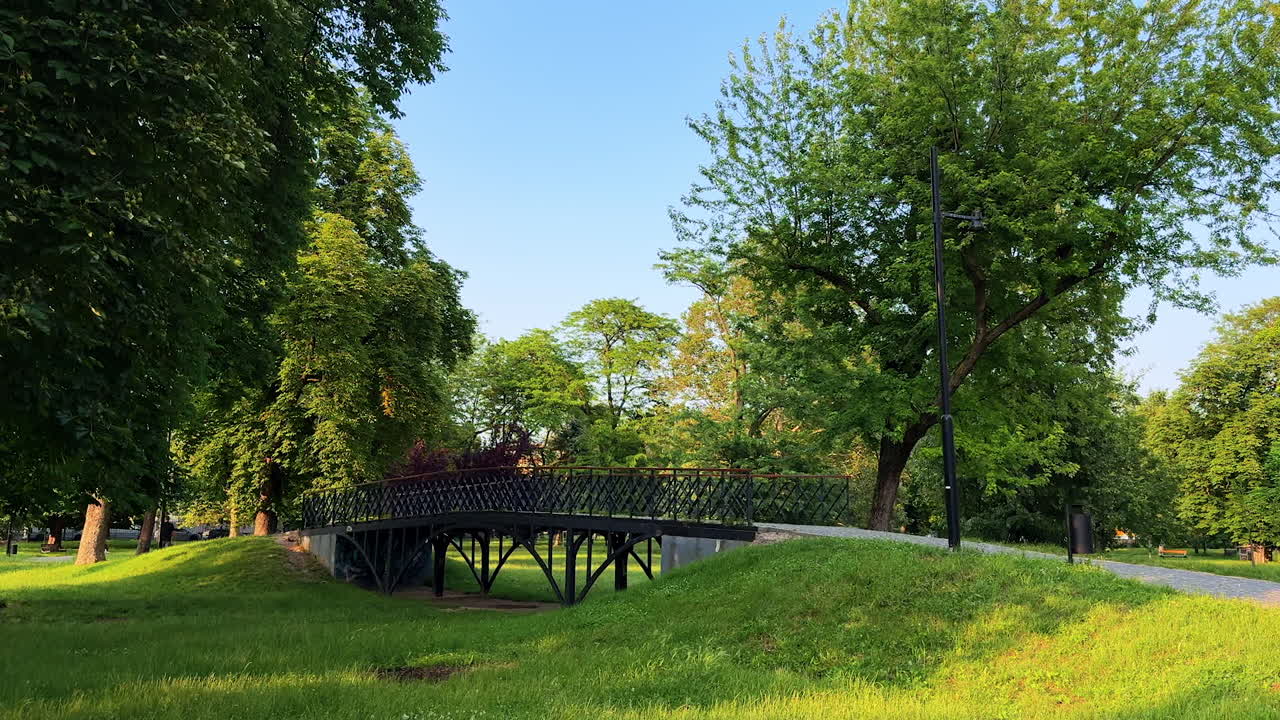 Little metal bridge in the green park. View of a beautiful nature in the city on sunny summer day