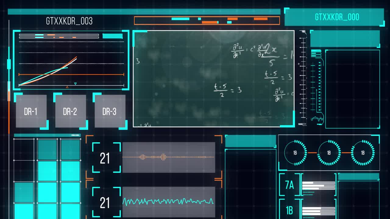 Animation of interface with data processing and mathematical equations against green background