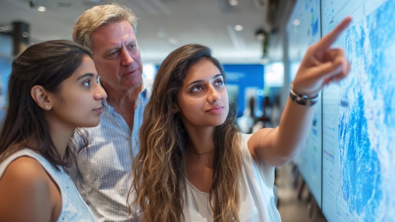 Engaging Discussion Among Colleagues: A Woman Points at a Digital Display While Two Other Individuals Observe in a Modern Office Environment, Highlighting Collaboration and Communication