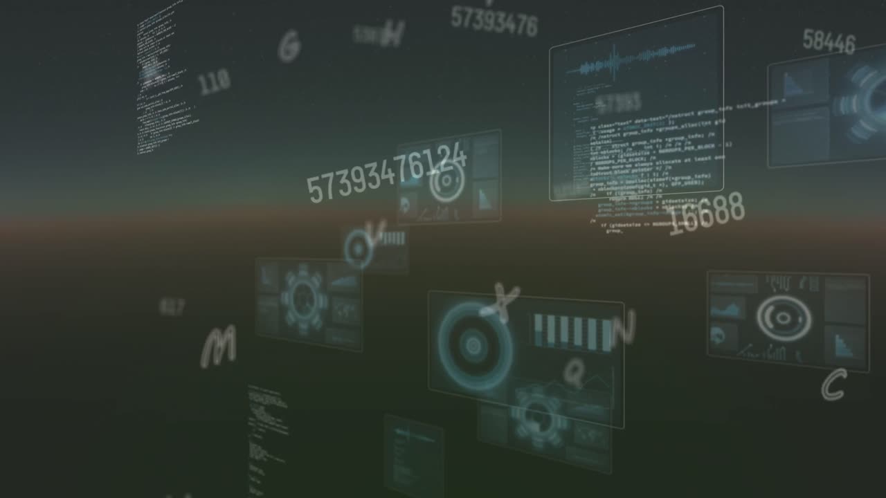 Animation of numbers falling and data processing over green background