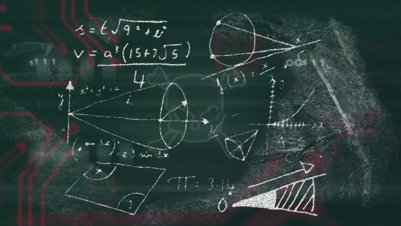 Chalkboard filling, red circuits sliding while skull flickering and data swirling for visualization