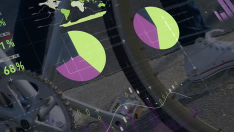 Data visualization animation over person walking with bicycle on street