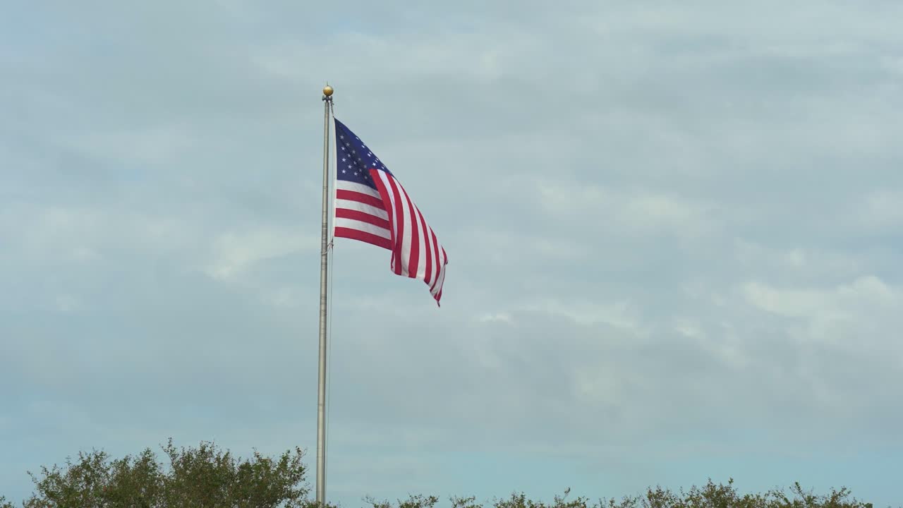 bandera americana ondeando sobre los árboles a cámara lenta